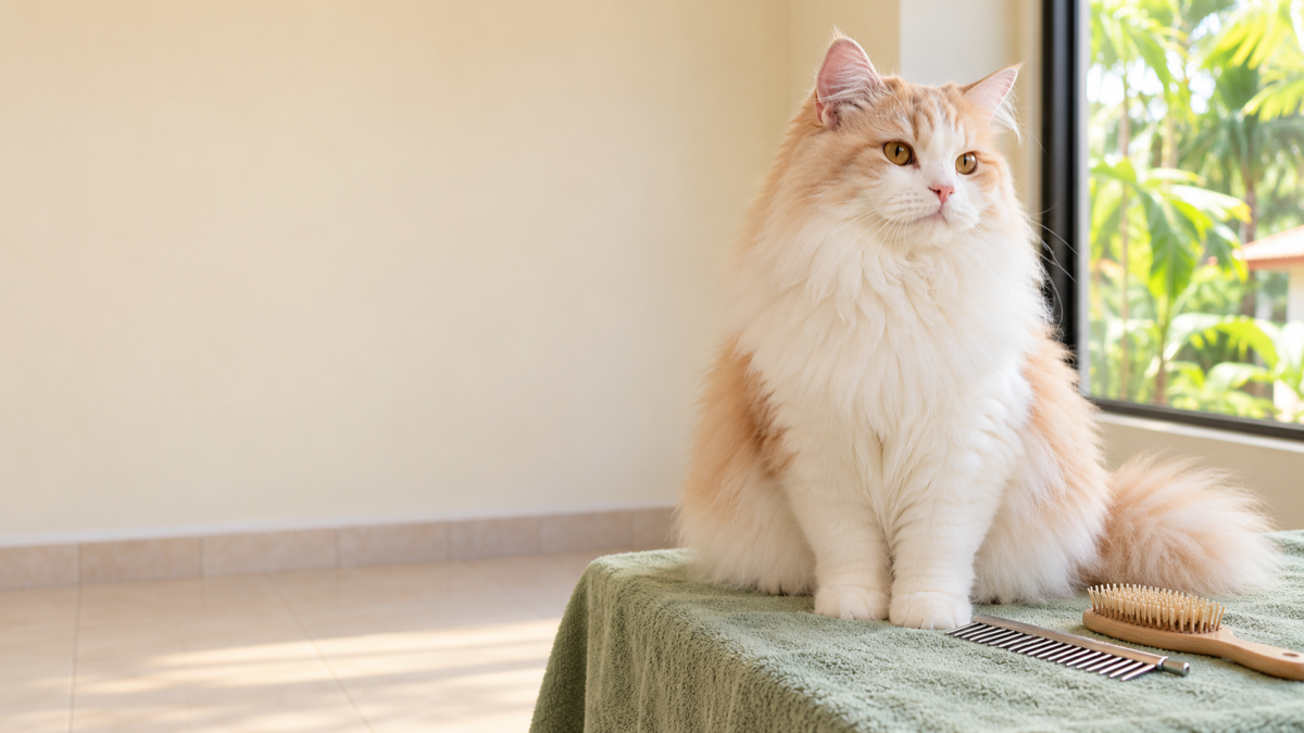 freshly groomed fluffy cream and ginger cat on a sage towel beside a grooming comb