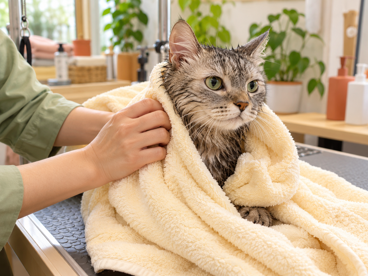 grey tabby cat being towel-dried after a cat grooming bath