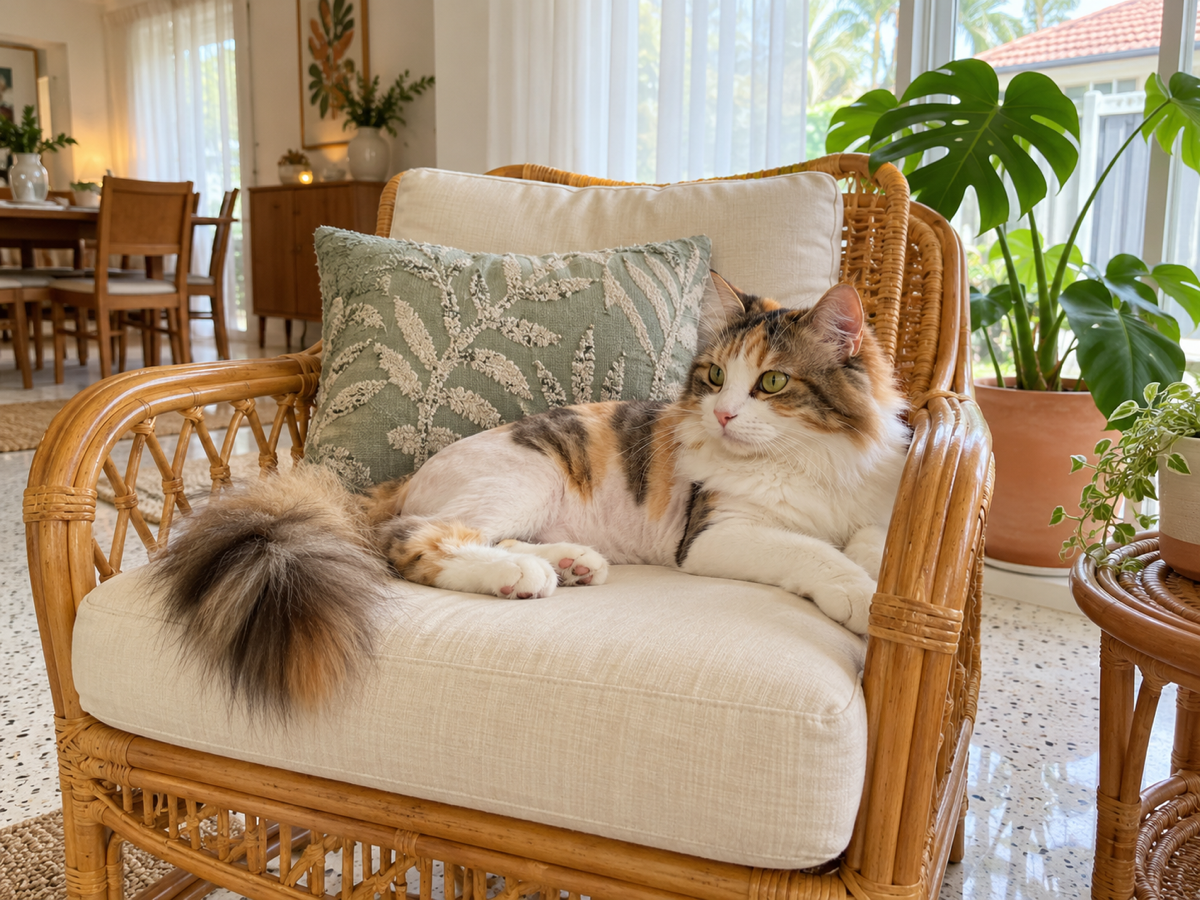 calico cat with a freshly trimmed coat relaxing on a rattan chair at home